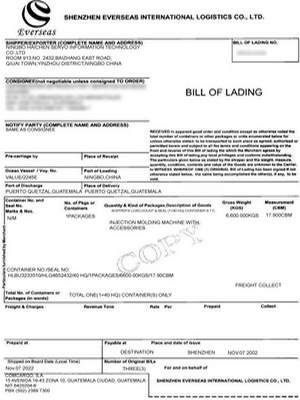 BL-Inovice-Documents required for importing injection machine from China