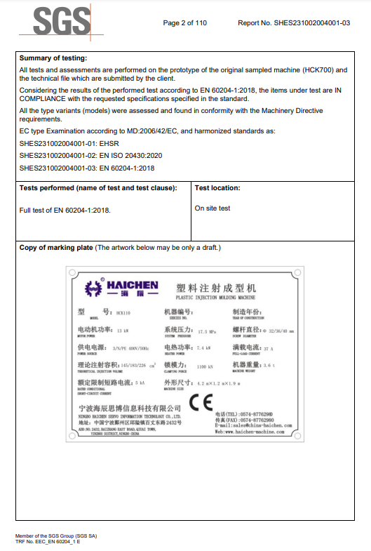 ISO certification for haichen injection molding machine